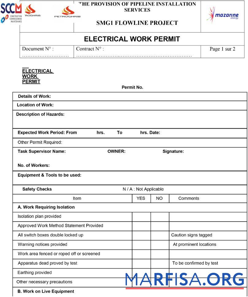 Realistic Construction commissioning maintenance electrical work permit sample